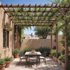 an outdoor dining table and chairs under a pergolated area with potted plants