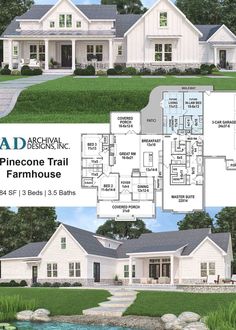 the front and back views of this farmhouse house plan