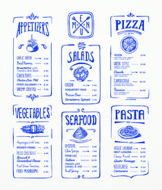 hand drawn menu for pizza restaurant with blue ink on white paper, set of four