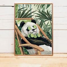 a panda bear with cucumber slices on its eyes