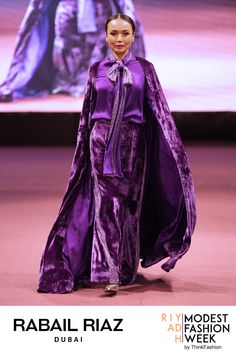 The back long velvet cape style dress in violet color with pure charmeuse silk top, by Rabail Riaz