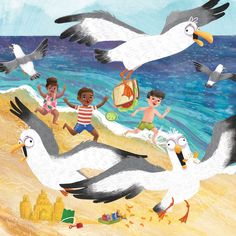 children playing on the beach with seagulls and birds