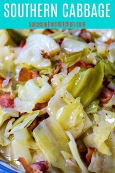 a blue bowl filled with cabbage and bacon