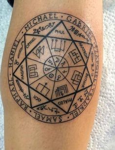 a person with a tattoo on their leg that has an image of a wheel of fifths