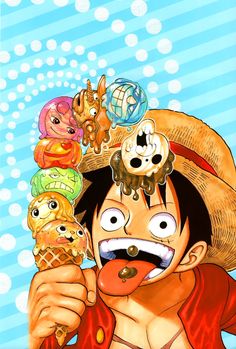 one piece wallpaper with an anime character eating ice cream and other cartoon characters surrounding him