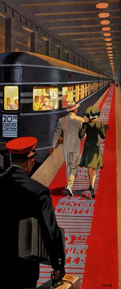 a painting of people walking on a red carpet next to a train platform with a subway car in the background