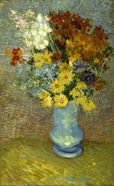 a painting of sunflowers and other flowers in a blue vase