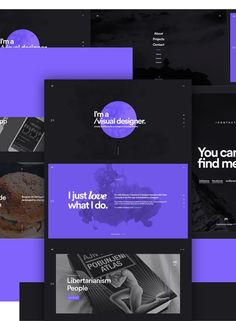 the purple and black website design is displayed on multiple screens, including one with an image of