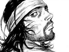 a black and white drawing of a man with long hair wearing a beanie hat