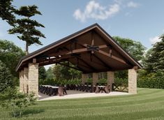 an outdoor pavilion with tables and chairs in the grass next to trees on a sunny day