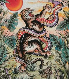 a drawing of a tiger with a snake on it's back in the jungle