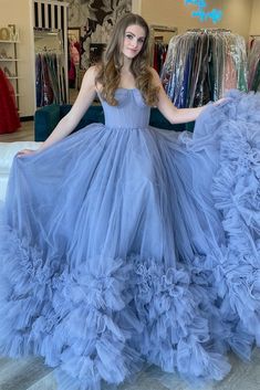 Periwinkle Gown, Strapless Ball Gown, Sweep Train Prom Dress, Ball Gown Prom Dress, Tulle Ruffles, Blue Ball Gowns, Dress With Tulle, Tulle Material, Dress With Corset