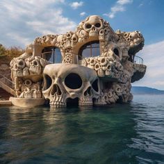 a house made out of skulls in the water