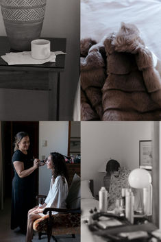 black and white photos of women in the bedroom, sitting on a bed, drinking coffee