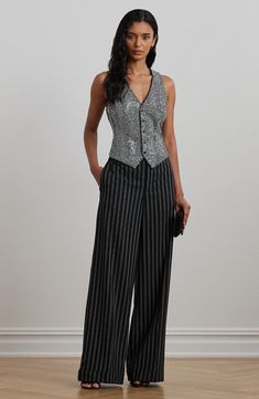 A wide-leg silhouette defines these cotton-blend twill pants patterned in classic stripesfor an ultrasophisticated look. Zip fly with button-tab closure Side-seam pockets; back welt pockets 53% cotton, 31% modal, 16% nylon Hand wash, line dry Imported Formal Pinstripe Wide Leg Pants, Elegant Striped Wide-leg Pants, Elegant Wide Leg Trousers With Vertical Stripes, Elegant Wide Leg Pants With Vertical Stripes, Elegant Straight Leg Pants With Vertical Stripes, Formal Wide Leg Pants With Vertical Stripes, Elegant Wide-leg Pants With Vertical Stripes, Chic Formal Pants With Vertical Stripes, Elegant Wide-leg Striped Pants