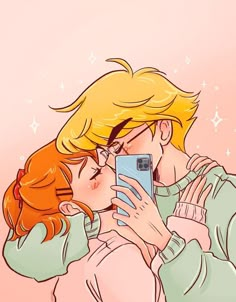 a man and woman kissing while holding a cell phone in front of their face with stars on the background