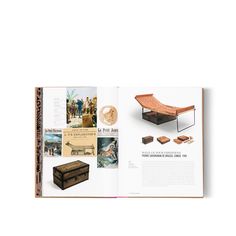 an open book with pictures and text on the page, including furniture from around the world