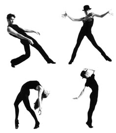 four different poses of a woman in black and white, with her arms stretched out