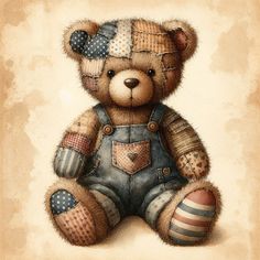 a painting of a teddy bear wearing overalls and holding an egg in its paws