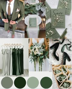 a collage of green and white wedding color palettes for the bride's dress