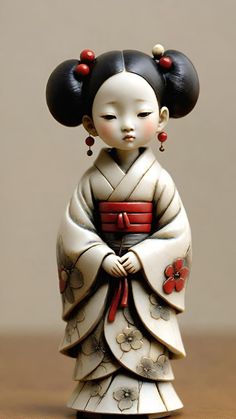 a porcelain figurine with black hair and red flowers on it