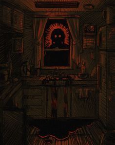 a drawing of a creepy looking kitchen with red light coming from the window and sink