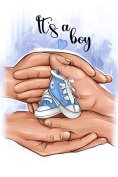 two hands holding a baby's shoe with the words it's a boy