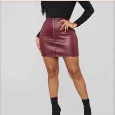 Pu Leather Mini Skirt Zipper 16" Length 95% Polyester 5% Spandex Slightly Stretchy Fall Club Skirt With Zipper Closure, Chic Red Mini Skirt For Club, Red Mini Skirt For Fall Night Out, Red Mini Skirt For Night Out In Fall, Chic Burgundy Skirt For Night Out, Burgundy Mini Skirt For Fall, Pu Skirt Outfit, Maroon Skirt Outfit, Maroon Leather Skirt