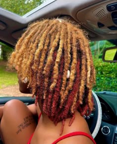 Red And Blonde Dreadlocks, 2 Tone Loc Color, Half Dyed Locs Black And Ginger, Copper Blonde Locs, Burnt Orange Locs Black Women, Peek A Boo Red Hair, Hair Color On Locs, Rose Gold Locs, Ginger And Blonde Locs