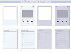 a set of white digital devices with text on the front and back side, all in different styles