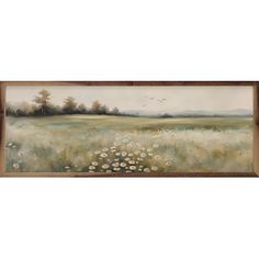 an oil painting on canvas of a field with wildflowers in the foreground