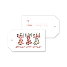 two tags with christmas angels on them