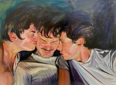 three young men are kissing each other