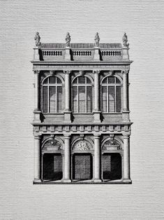 an architectural drawing of a building with statues on the roof and windows, against a white background