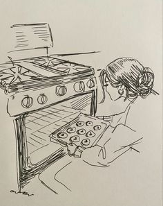 a drawing of a woman looking at an oven with muffins in the oven