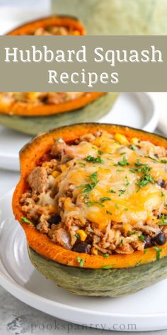 the inside of a stuffed squash with meat and cheese in it on a white plate