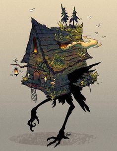 a drawing of a bird with a house on it's back