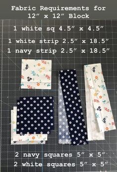 four pieces of fabric laid out on top of a cutting board with measurements for each piece