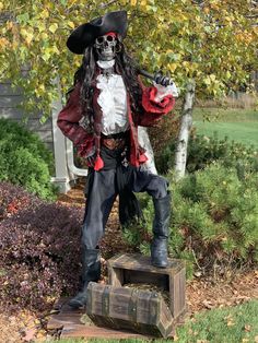 a statue of a pirate on top of a wooden box