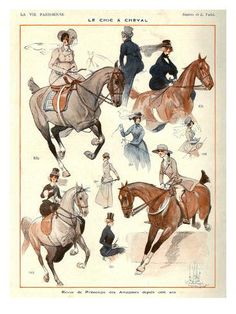 an image of women riding horses in different positions and colors, from the early 1900's