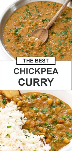 the best chickpea curry recipe with rice in a pan and on a plate