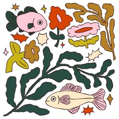 an image of flowers and fish on a white background with stars in the bottom right corner