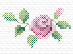 a pink flower with green leaves is shown in the middle of a cross stitch pattern