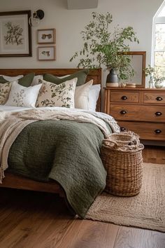 a bed sitting in a bedroom next to a wooden dresser and window with plants on it