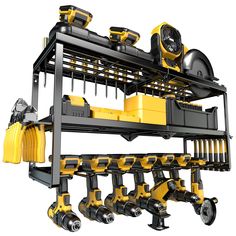 a yellow and black machine with lots of tools on it's back end, in front of a white background