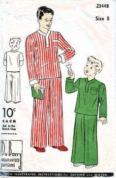 DU BARRY 2344B: Use this very late 1930s vintage sewing pattern for boys to sew a fine pair of two piece long pajamas with pullover top and wide leg drawstring pants. SIZE INFORMATION: Boys Size 8 Chest 26 inches PATTERN CONDITION: COMPLETE, USED Instructions and all pattern pieces (unprinted, precut, and in excellent used condition) GARMENT INFORMATION: Pajama top details: - loose-fitting bodice - pullover style - cardigan neckline trimmed with band, with front button closing - long sleeves or Vintage Pajama Pattern, 1940s Pajamas, 1940s Pyjamas, Kids Pyjamas Sewing Pattern, Vintage Pajamas Boys, Pants Details, Style Cardigan, Couture Vintage, Sewing Patterns For Kids