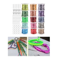 several different types of bracelets and rings with various colored cords on the bottom one