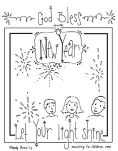 a coloring page with the words, let your light shine and an image of two children