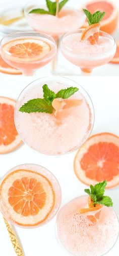 grapefruit cocktails with mint garnish in glasses on white table top