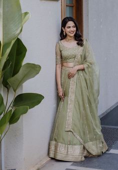 WhatsApp on 9496803123 to customise your handcrafted designer bridal wear with us online. Book your appointment today. We do ship internationally. (Pics for reference) Pastel Green Lehenga Bridal, Pastel Green Lehenga Combinations, Green Lehenga Outfit, Lehenga For Wedding Function, Pastel Green Lehenga, Light Saree, Mehandi Outfit, Kerala Engagement Dress, Bridesmaid Lehengas